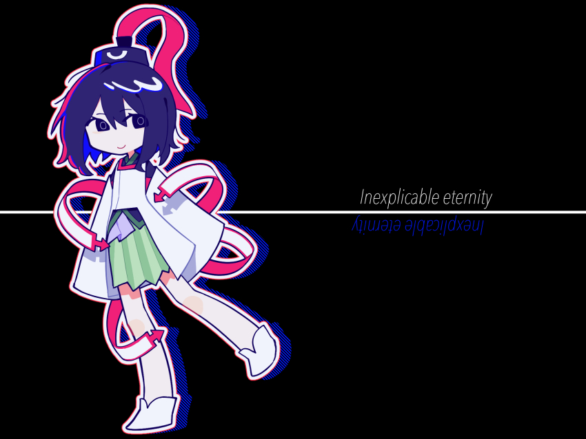 1other androgynous bare_legs black_background black_eyes black_hair black_hat black_kimono blue_hair closed_mouth colored_inner_hair commentary deformed detached_sleeves drop_shadow english_text eye_of_senri eyelashes full_body green_hakama hair_between_eyes hakama hakama_short_skirt hakama_skirt happy hat hat_ribbon highres japanese_clothes jinbei_(clothes) kariginu kimono knees layered_sleeves leg_up len&#039;en long_sleeves looking_at_viewer multicolored_hair ofuda ofuda_on_clothes other_focus outline re1re133 red_ribbon ribbon ringed_eyes senri_tsurubami short_hair short_kimono skirt sleeves_past_fingers sleeves_past_wrists smile socks solo standing tate_eboshi upside-down_text white_outline white_sleeves white_socks wide_sleeves