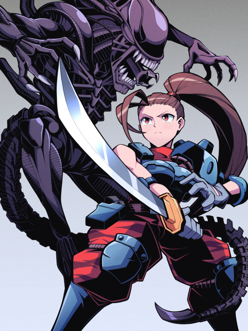 1girl alien alien_(1979) alien_(series) alien_vs._predator highres holding holding_sword holding_weapon linn_kurosawa monster open_mouth pechamaju ponytail predator_(series) red_eyes sharp_teeth sword tail teeth weapon xenomorph