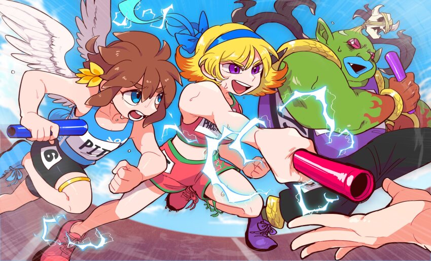 1girl 2boys ahoge alternate_costume angel angel_wings bare_arms blonde_hair blue_eyes blue_sky brown_hair colored_skin electricity green_skin highres kid_icarus kid_icarus_uprising laurel_crown looking_at_another midriff moechar0426 multiple_boys nintendo open_mouth phosphora pit_(kid_icarus) purple_eyes purple_footwear red_footwear red_shorts relay_baton relay_race running second-party_source shorts skull sky sweat thanatos_(kid_icarus) track_uniform wings