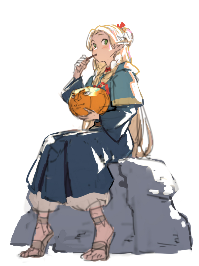 1girl blonde_hair blue_capelet blue_robe braid brock_(pokemon) capelet commentary dryad_fruit_(dungeon_meshi) dungeon_meshi eating english_commentary full_body green_eyes hair_ribbon highres holding holding_spoon hood hood_down hooded_capelet long_hair long_sleeves marcille_donato pointy_ears red_ribbon ribbon robe side_braids simple_background sitting sketch solo spoon utensil_in_mouth white_background yotukuro