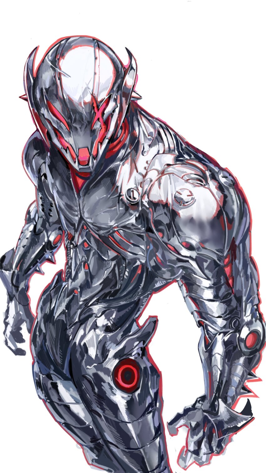 1other absurdres arms_at_sides commentary cowboy_shot english_commentary from_above highres humanoid_robot looking_at_viewer marvel nameno92372763 outline red_eyes red_outline robot scar scar_across_eye scar_on_face simple_background ultron white_background