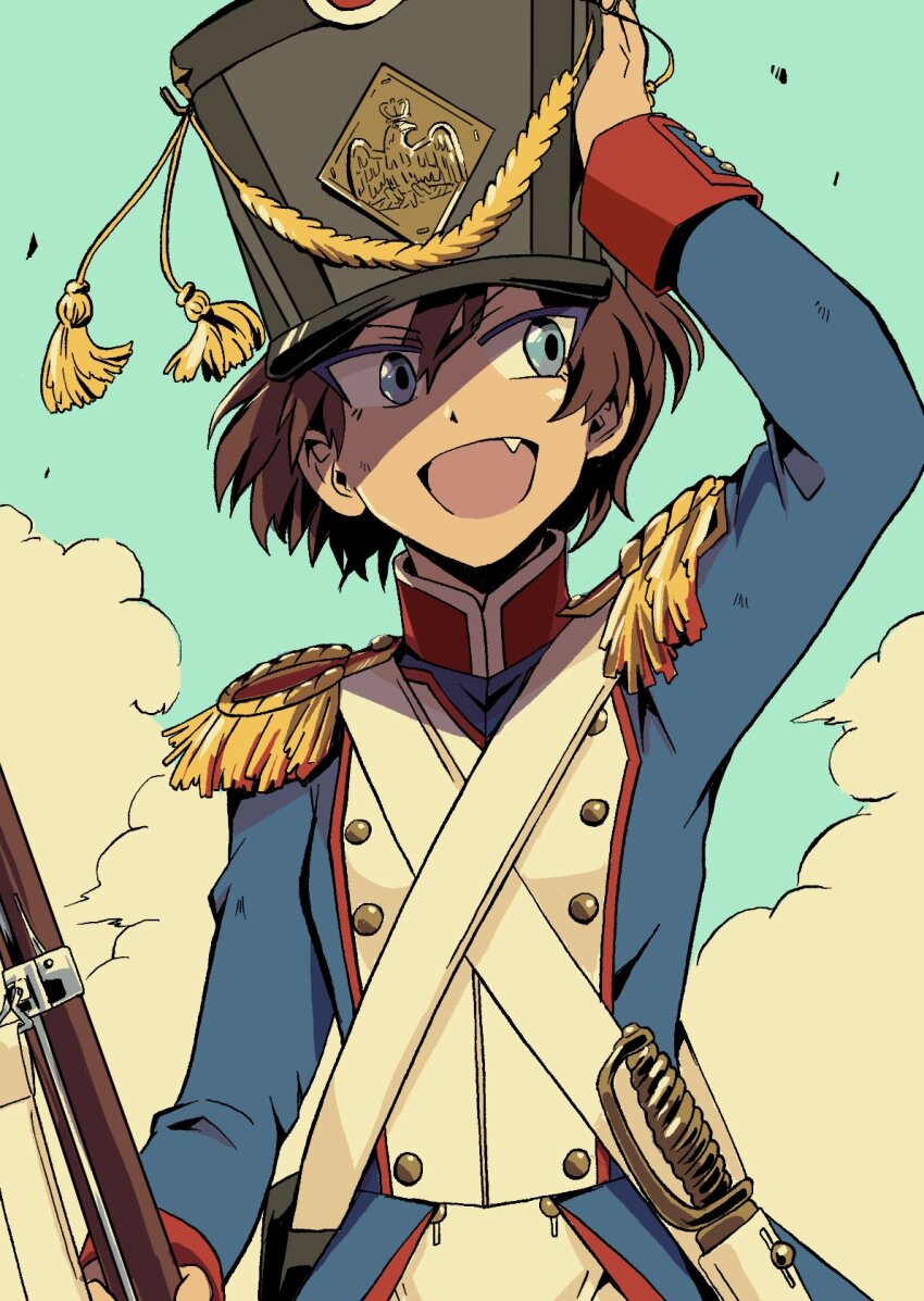 1girl antique_firearm arm_up blue_eyes blue_jacket blue_sky brown_hair buttons cloud cowboy_shot double-breasted epaulettes facing_viewer fang female_focus firearm firelock flintlock france gun hair_between_eyes hand_on_headwear hat highres jacket looking_to_the_side military_hat military_uniform open_mouth original outdoors pants shako_cap short_hair sky smile soldier solo standing sword weapon white_pants zeinikunosekai