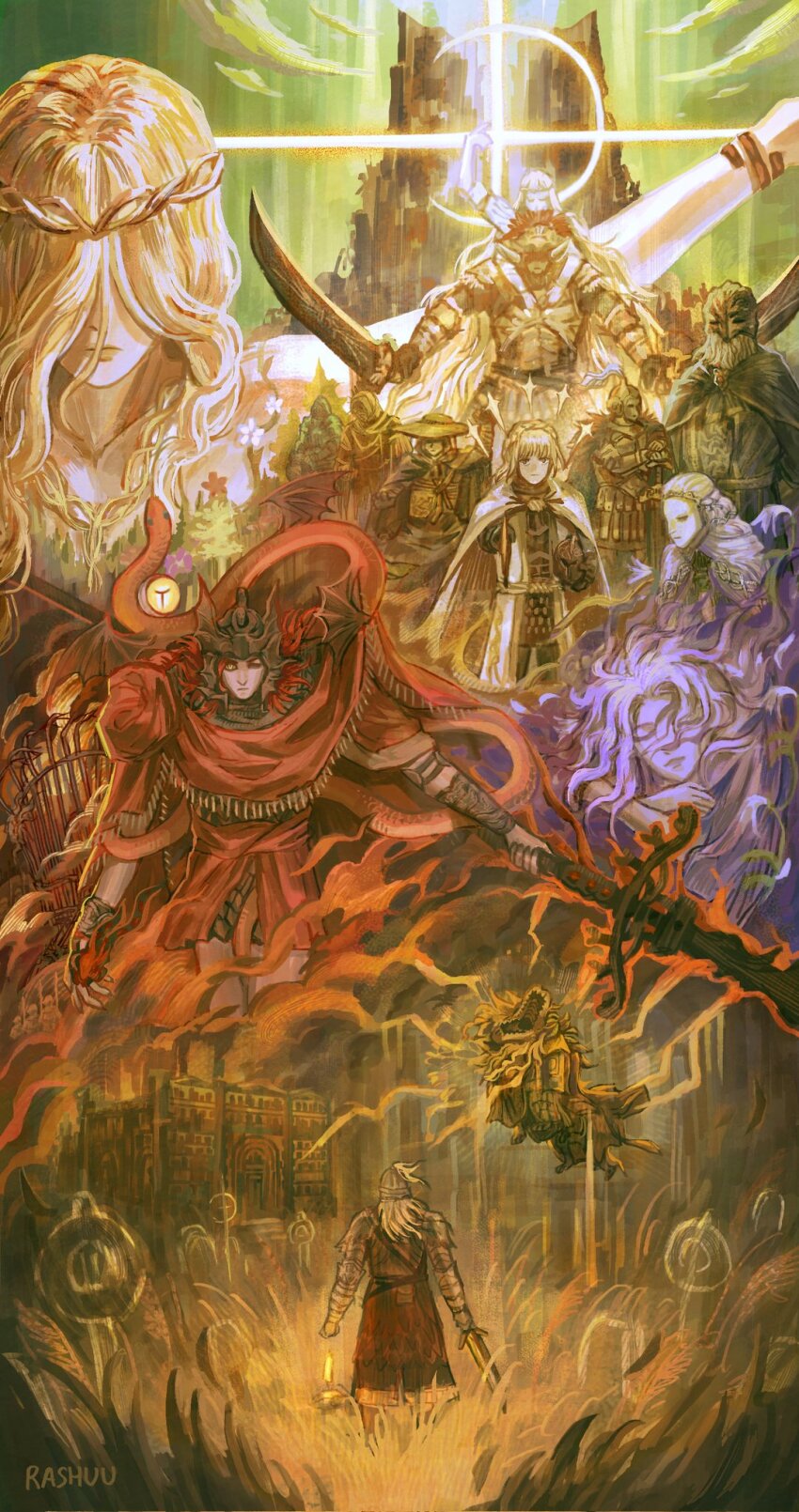 1other 4girls 6+boys ambiguous_gender animal arm_up armor black_cloak black_robe blonde_hair bloody_wolf_(elden_ring) bracer breastplate cloak closed_eyes closed_mouth covered_face cross divine_beast_dancing_lion dryleaf_dane dual_wielding elden_ring elden_ring:_shadow_of_the_erdtree fake_horns fire full_body furnace_golem gold_armor hair_over_eyes hat helmet highres holding holding_helmet holding_polearm holding_sword holding_weapon hood hood_up horned_helmet horns hornsent_(elden_ring) hug hug_from_behind lightning long_hair mask messmer_the_impaler miquella_(elden_ring) monster moore_(elden_ring) multiple_boys multiple_girls needle_knight_leda one_eye_closed open_mouth pauldrons polearm promised_consort_radahn queen_marika_the_eternal rashuu red_cloak red_hair redmane_freyja robe short_hair shoulder_armor sir_ansbach snake spear spoilers st._trina_(elden_ring) standing surcoat sword tabard tarnished_(elden_ring) thiollier_(elden_ring) weapon white_cloak white_hair white_hood white_tabard yellow_eyes