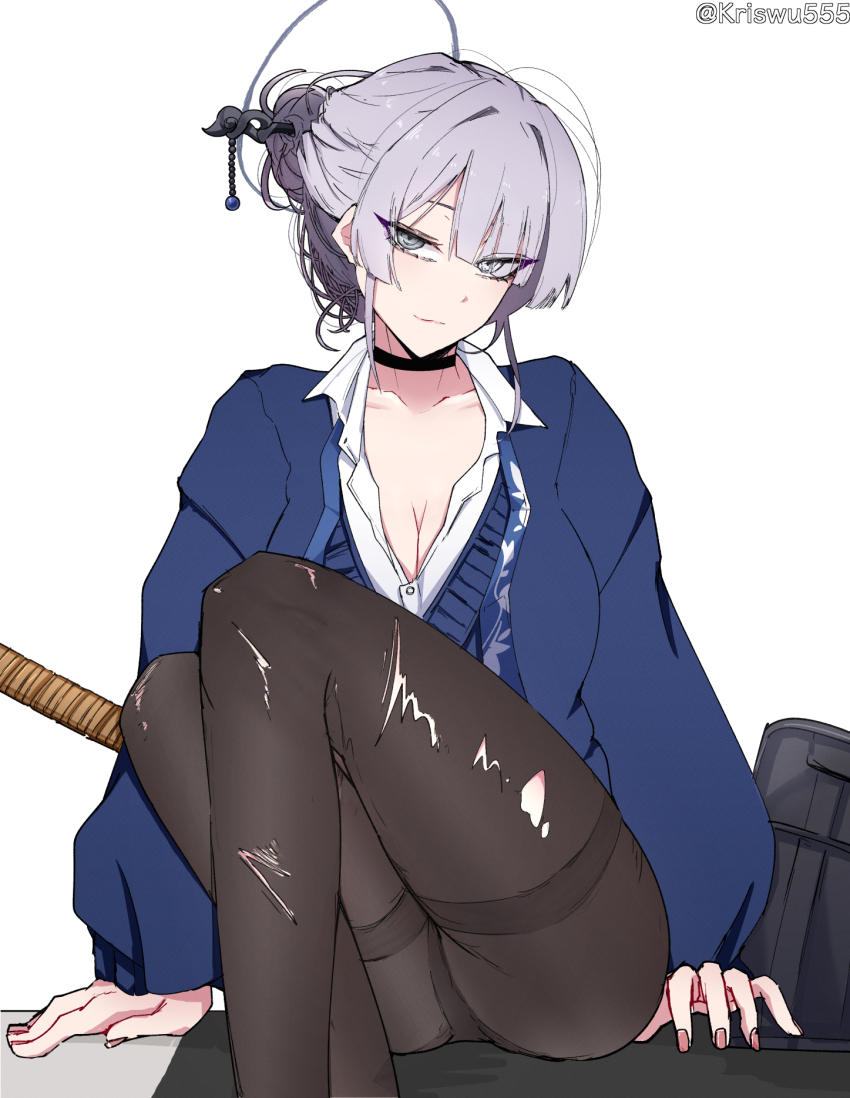 1girl black_pantyhose blue_jacket breasts cleavage feet_out_of_frame grey_eyes halo highres itokonoue_kaoru jacket large_breasts looking_at_viewer pantyhose project_kv sitting smile solo thick_thighs thighs untied_ribbon white_background white_hair wuwuwu_(kriswu555)