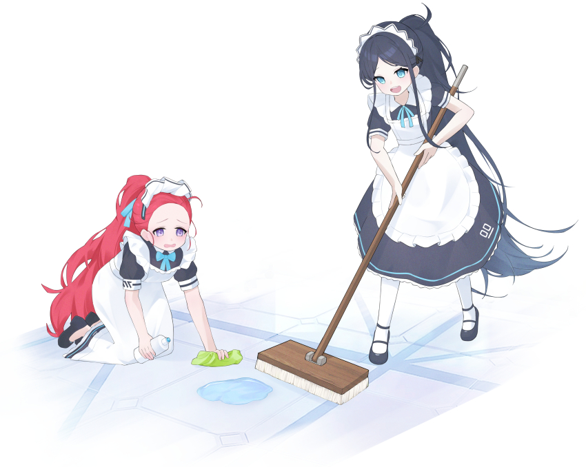 2girls absurdres akarichan_(1286817552) apron aris_(blue_archive) aris_(maid)_(blue_archive) black_dress black_hair blue_archive blue_bow blue_bowtie blue_eyes bow bowtie cleaning commentary_request dress forehead frilled_apron frills furrowed_brow happy highres holding holding_mop long_hair maid maid_apron maid_headdress mop multiple_girls official_alternate_costume official_alternate_hairstyle open_mouth pantyhose ponytail puffy_short_sleeves puffy_sleeves purple_eyes red_hair short_sleeves simple_background smile standing teeth upper_teeth_only very_long_hair white_apron white_background white_pantyhose yuzu_(blue_archive) yuzu_(maid)_(blue_archive)