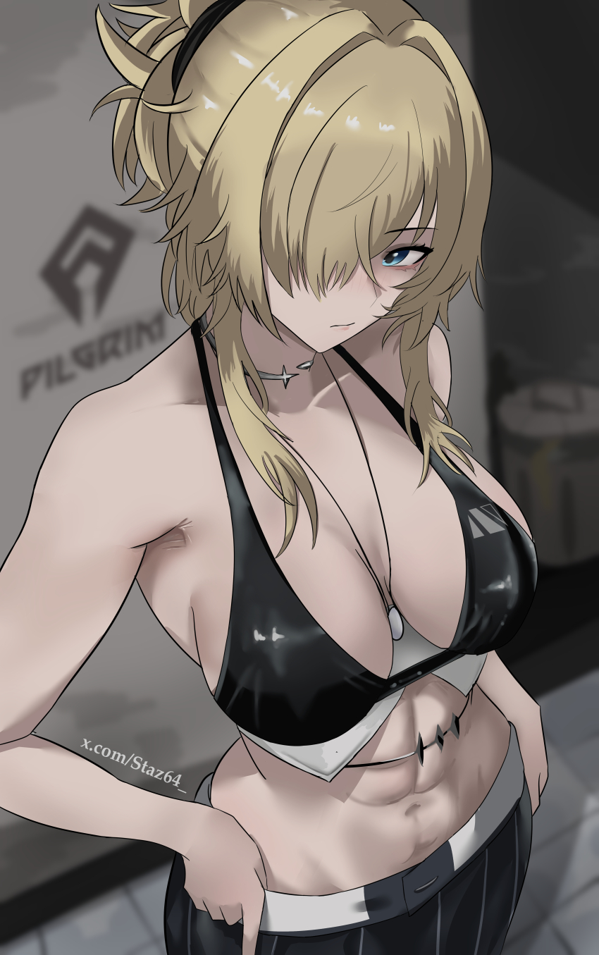 1girl abs absurdres bikini bikini_top_only black_bikini black_pants blue_eyes breasts closed_mouth commentary goddess_of_victory:_nikke grave_(beautiful_you)_(nikke) grave_(nikke) highres jewelry large_breasts looking_at_viewer medium_hair navel necklace official_alternate_costume pants solo staz64 stomach swimsuit toned toned_female twitter_username
