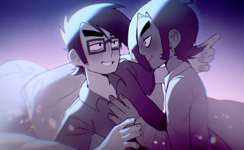 2boys bed bed_sheet black_eyeliner blurry blush bokeh closed_mouth collared_shirt commentary dark-skinned_male dark_skin depth_of_field ear_piercing existenc3 eyeliner furrowed_brow gideon_graves glasses greyscale hair_over_one_eye half-closed_eyes hand_on_another&#039;s_chest hand_up highres long_sleeves looking_at_another makeup male_focus matthew_patel monochrome multiple_boys on_bed piercing pillow rectangular_eyewear scott_pilgrim_(series) scott_pilgrim_takes_off shirt short_hair short_sleeves smile teeth upper_body yaoi