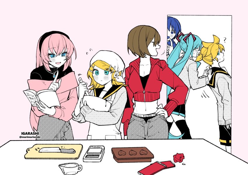 2boys 4girls :&lt; ? ahoge apron aqua_eyes bandana black_hairband black_sailor_collar black_shorts black_sweater blonde_hair blue_eyes blue_hair blue_scarf blush_stickers book bowl breasts brown_hair cardigan chocolate_making chocolate_mold cleavage collarbone collared_jacket confused cropped_jacket curious denim door frilled_skirt frills hair_ornament hairband hairclip hand_on_own_hip happy_valentine hatsune_miku helping holding holding_book holding_bowl igarashi_(morimorienoki) jacket jeans jewelry kagamine_len kagamine_rin kaito_(vocaloid) knife limited_palette long_hair long_skirt medium_breasts megurine_luka meiko_(vocaloid) midriff miniskirt monochrome multiple_boys multiple_girls narrow_waist navel necklace pants pink_background pink_hair pleated_skirt ponytail pushing_away red_jacket sailor_collar scarf short_hair short_ponytail shorts skirt spiked_hair spot_color sweater swept_bangs thighhighs turtleneck turtleneck_sweater twintails valentine very_long_hair vocaloid white_apron white_bandana zettai_ryouiki zipper zipper_pull_tab