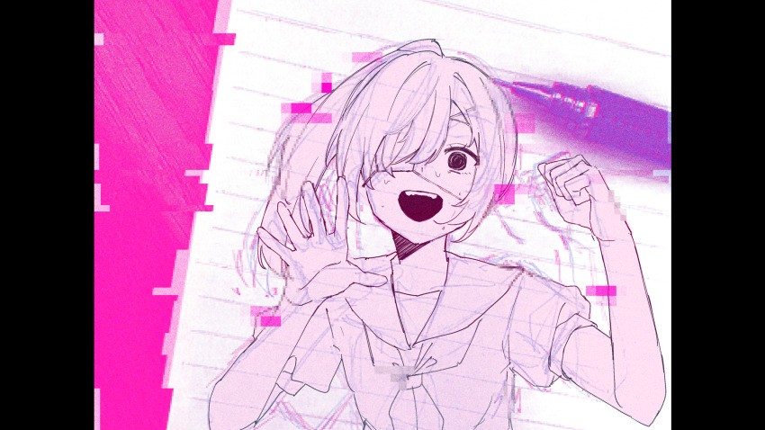 1girl against_fourth_wall clenched_hand create-girl_(vocaloid) desperation eyepatch glitch hair_over_one_eye hanabukuro highres iyowa_girls lined_paper long_hair looking_at_viewer mechanical_pencil medical_eyepatch neckerchief nervous_smile nervous_sweating nouten_nozomi_(iyowa) open_mouth pencil photo_inset pillarboxed ponytail school_uniform serafuku smile solo sweat upper_body wide-eyed