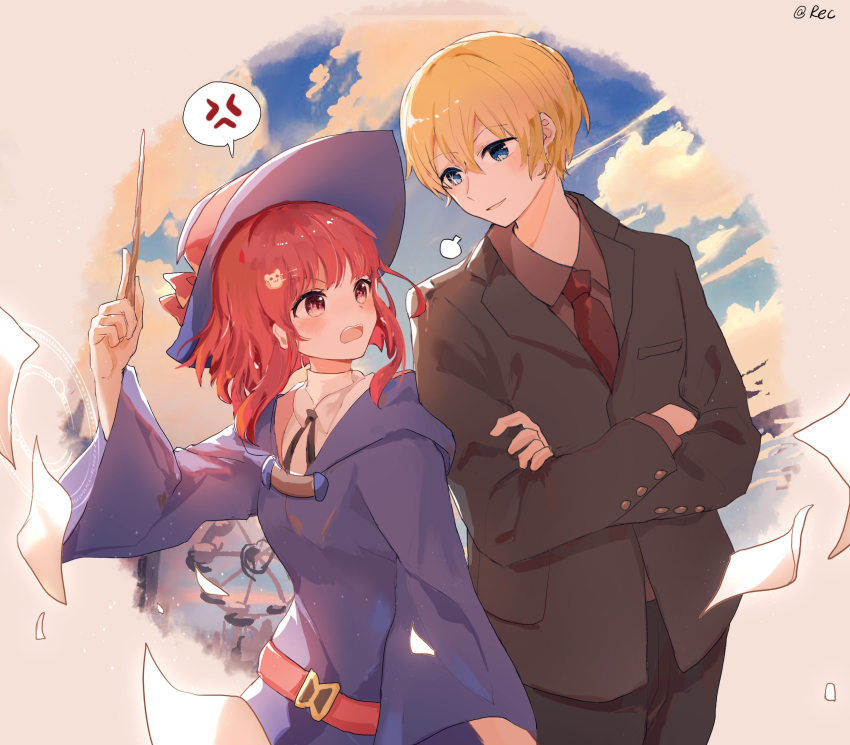 1boy 1girl akirarec arima_kana black_pants blonde_hair blue_eyes brown_jacket cosplay crossed_arms crossover d: eye_contact hair_between_eyes han_megumi hat highres hoshino_aquamarine jacket little_witch_academia looking_at_another luna_nova_school_uniform open_mouth oshi_no_ko pants red_eyes red_hair school_uniform short_hair sky smile teeth upper_teeth_only voice_actor_connection wand witch witch_hat