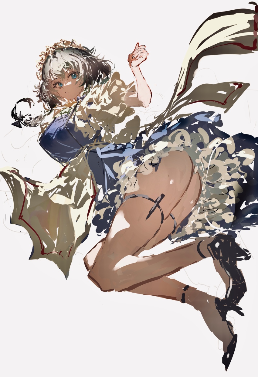 1girl absurdres apron ass blue_dress blue_eyes braid dress frills grey_hair hair_between_eyes hair_ribbon high_heels highres izayoi_sakuya maid_apron maid_headdress po_(anhk5528) ribbon short_sleeves solo thigh_strap touhou twin_braids white_background
