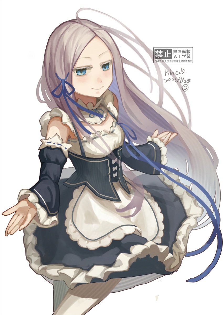 1girl alternate_costume black_sleeves blue_eyes blue_ribbon commentary dated detached_sleeves dress english_commentary enmaided forehead grey_hair hair_ribbon highres long_hair looking_at_viewer maid niaode pandora_(re:zero) parted_bangs re:zero_kara_hajimeru_isekai_seikatsu ribbon roswaal_mansion_maid_uniform signature simple_background smile solo standing underbust white_background
