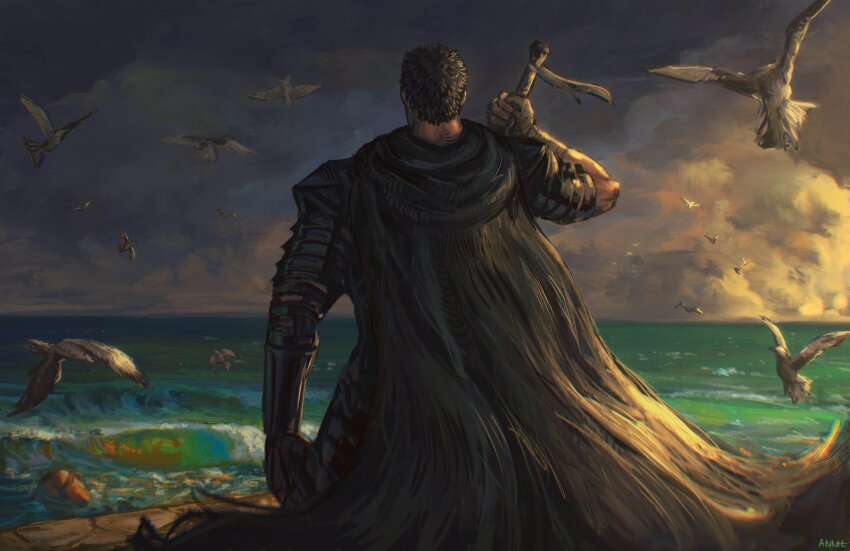 1boy anniechromes armor beach berserk berserker_armor bird bird_wings black_armor black_hair brand_of_sacrifice cape cloud cloudy_sky dragonslayer_(sword) facing_back greatsword guts_(berserk) highres holding holding_sword holding_weapon huge_weapon looking_ahead ocean outdoors seagull short_hair sky solo standing sword weapon wings