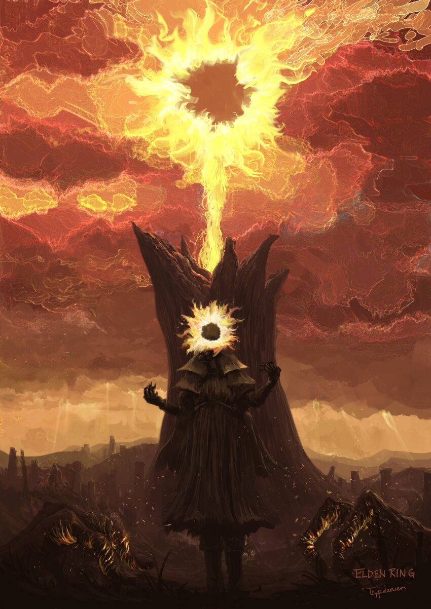 absurdres ambiguous_gender arms_up artist_name burning destruction elden_ring erdtree_(elden_ring) fire fire full_body highres light_rays lord_of_the_frenzied_flame_(elden_ring) resolution_mismatch ruins signature solo source_smaller tarnished_(elden_ring) three_fingers_(elden_ring) tree tree_stump tripdancer