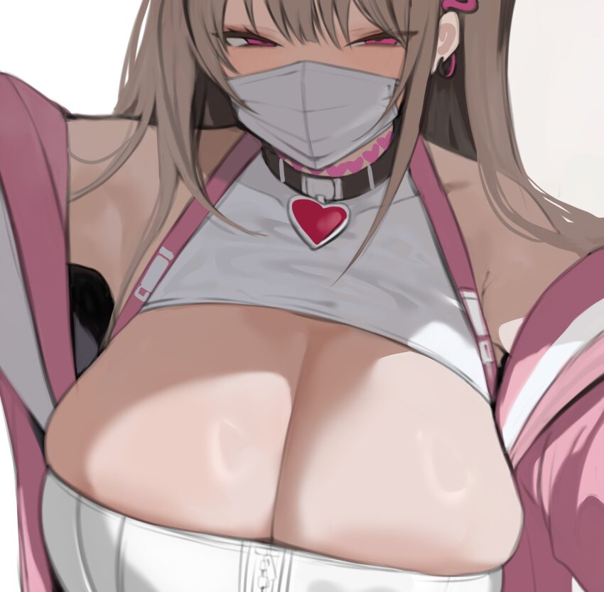 1girl absurdres black_choker breasts brown_hair choker cleavage cleavage_cutout close-up clothing_cutout commentary covered_mouth earrings eyelashes eyeshadow goddess_of_victory:_nikke hair_ornament half-closed_eyes heart heart_choker highres jacket jewelry large_breasts long_hair looking_at_viewer makeup mask mouth_mask open_clothes open_jacket pink_eyes pink_eyeshadow pink_jacket shirt simple_background sleeveless sleeveless_shirt snake_hair_ornament solo symbol-only_commentary toma_(toma50) tsurime upper_body viper_(nikke) white_background white_mask white_shirt zipper_pull_tab