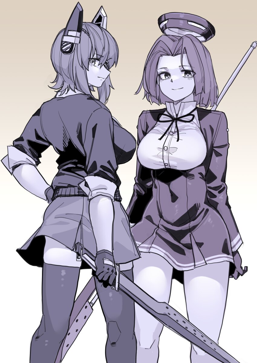 2girls absurdres breasts cardigan closed_mouth commentary_request covered_navel dress eyepatch feet_out_of_frame glaive_(polearm) gloves gradient_background hand_on_own_hip headgear highres holding holding_polearm holding_sword holding_weapon kantai_collection large_breasts light_blush long_sleeves looking_at_viewer medium_hair monochrome multiple_girls neck_ribbon polearm purple_theme ribbon skirt sleeves_rolled_up smile standing sword tadd_(tatd) tatsuta_(kancolle) tenryuu_(kancolle) thighhighs weapon