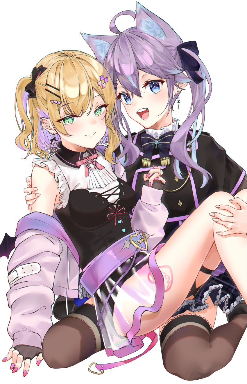 2girls absurdres animal_ears bandaid bare_legs bare_shoulders barefoot bat_wings belt black_bow black_bustier black_capelet black_gloves black_shorts black_thighhighs blue_eyes blush bow bowtie breasts brooch bustier capelet carrying cat_ears colored_inner_hair ear_piercing earrings extra_ears fingerless_gloves frilled_shirt_collar frilled_skirt frills gloves green_eyes hair_between_eyes hair_ornament hair_ribbon hairclip heart heart_ear_ornament heart_hair_ornament heart_tattoo highres jacket jewelry kiaoekakishitai kurumi_noah kurumi_noah_(3rd_costume) lace lace_gloves leg_tattoo long_hair long_sleeves looking_at_viewer medium_breasts multicolored_hair multiple_girls neck_ribbon nijisanji nijisanji_kr nun_bora o-ring o-ring_thigh_strap off_shoulder official_alternate_costume open_clothes open_jacket piercing pink_bow pink_bowtie pink_jacket pleated_skirt princess_carry purple_belt purple_hair ribbon see-through_clothes see-through_shirt shirt short_hair short_shorts shorts simple_background sitting skirt snowflake_brooch snowflake_earrings snowflake_ornament snowflakes strap tattoo thigh_strap thighhighs two-tone_hair virtual_youtuber vspo! wariza white_background wings