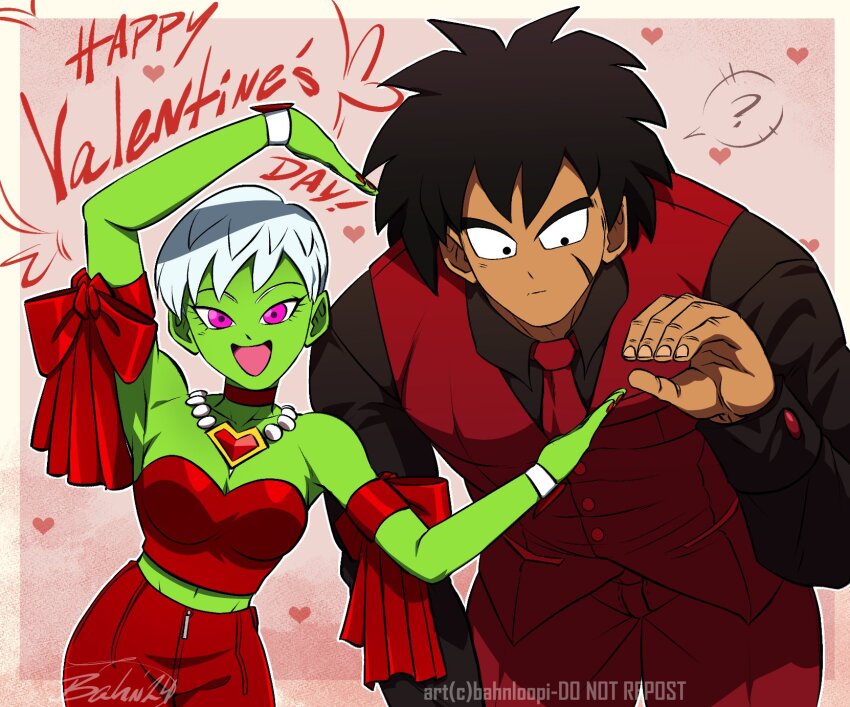 1boy 1girl ? bahnloopi black_hair breasts broly_(dragon_ball_super) cheelai colored_skin confused dragon_ball dragon_ball_super dragon_ball_super_broly green_skin grey_hair happy_valentine heart heart_hands heart_hands_duo heart_hands_failure highres leaning_forward medium_breasts necktie red_necktie red_vest scar scar_on_face short_hair smile spoken_question_mark tall_male very_short_hair vest