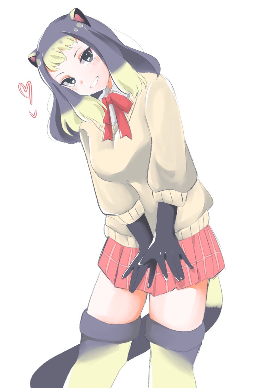 1girl alpine_marmot_(kemono_friends) animal_ears black_gloves blonde_hair blush bow bowtie brown_eyes brown_sweater brown_thighhighs collared_shirt cowboy_shot gloves gradient_legwear grey_hair highres kamisamanosaba kemono_friends long_sleeves looking_at_viewer multicolored_hair plaid_clothes plaid_skirt pleated_skirt red_bow red_bowtie red_skirt school_uniform shirt sidelocks skirt smile solo squirrel_ears squirrel_girl squirrel_tail sweater tail thighhighs white_shirt yellow_thighhighs zettai_ryouiki