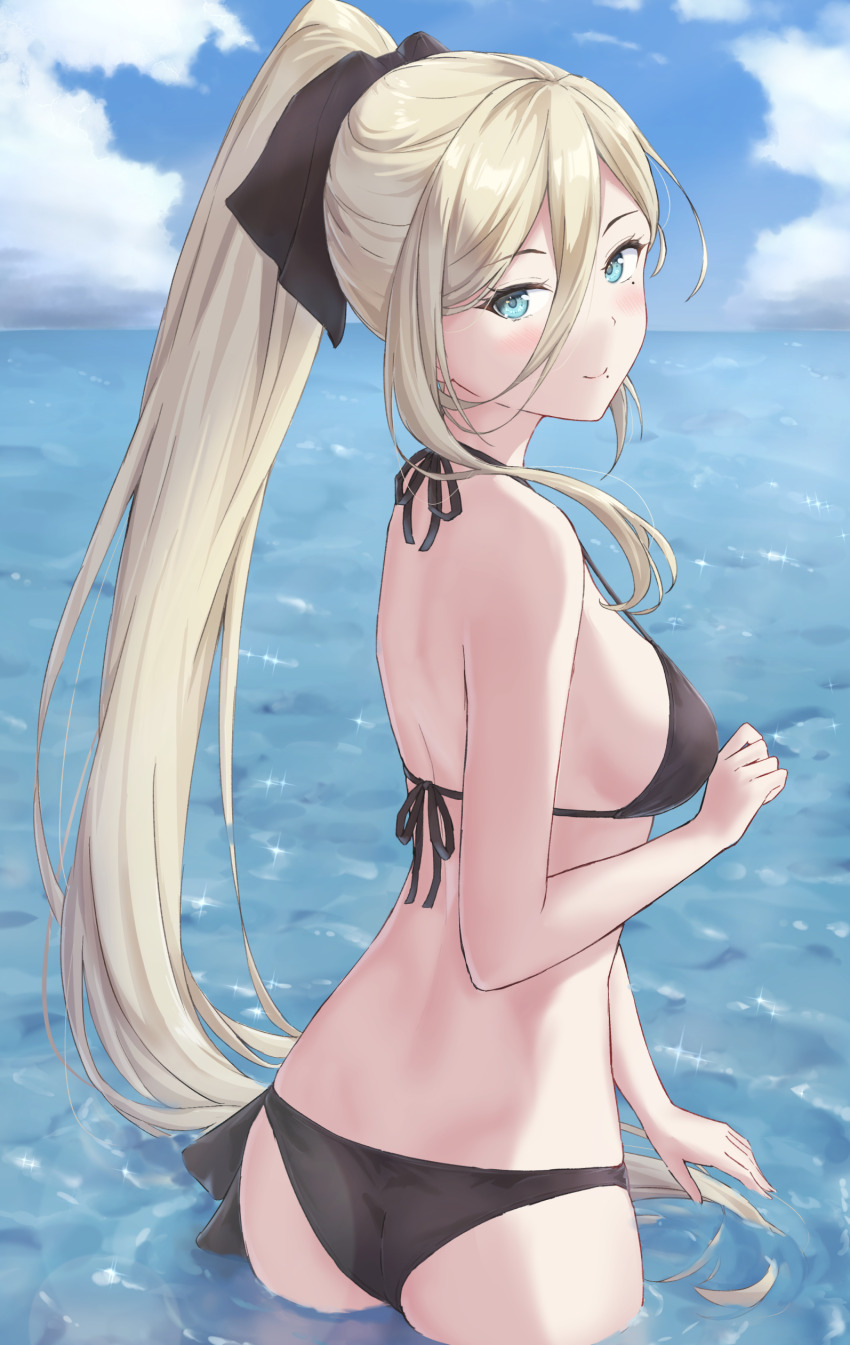 1girl absurdres bikini black_bikini black_ribbon blonde_hair blue_eyes blush breasts closed_mouth cloud hair_ribbon highres kantai_collection long_hair looking_at_viewer medium_breasts mole mole_under_eye mole_under_mouth monoku ocean ponytail ribbon richelieu_(kancolle) sky solo swimsuit