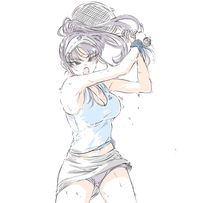 1girl alternate_costume black_eyes blue_shirt breasts cleavage grey_skirt highres holding_tennis_racket komi-san_wa_komyushou_desu komi_shouko large_breasts long_hair mitsugu open_mouth ponytail purple_hair purple_shorts shirt shorts shorts_under_skirt skirt solo sportswear sweat tennis_uniform very_sweaty visor_cap wristband