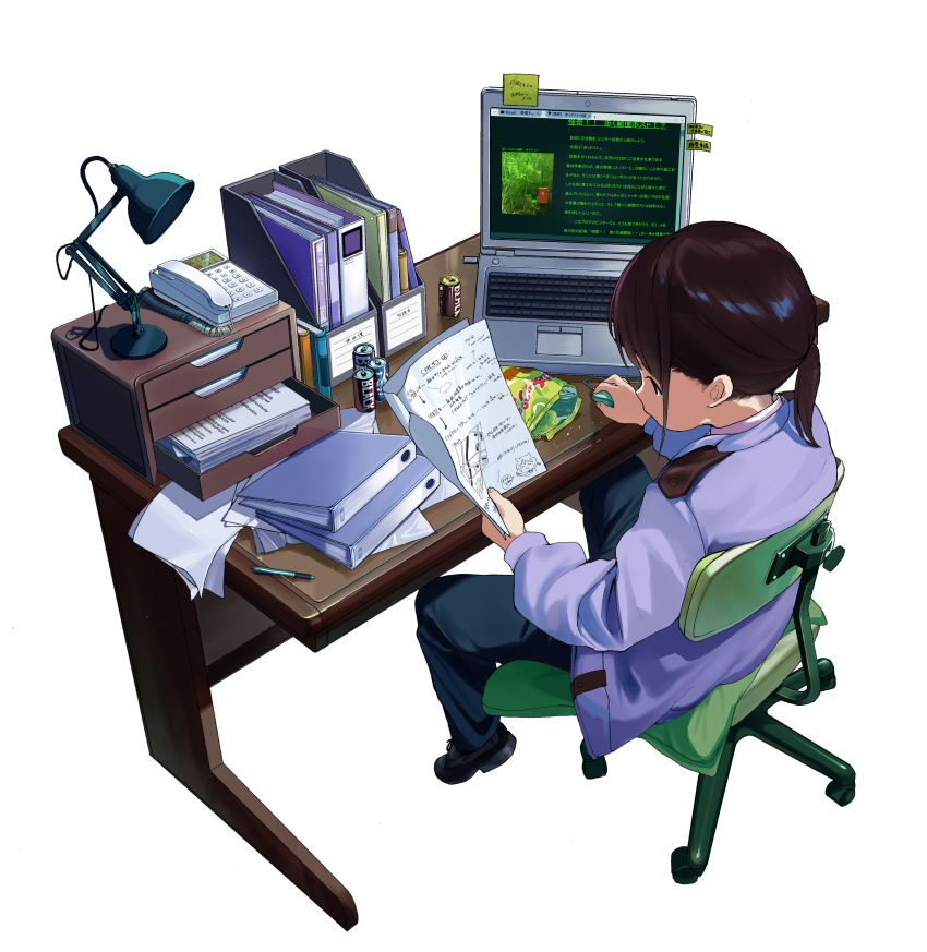 1girl absurdres aka9_00 brown_hair can chips_(food) computer computer_mouse desk desk_lamp faux_figurine folder food highres holding_computer_mouse lamp laptop low_ponytail original pencil phone ponytail