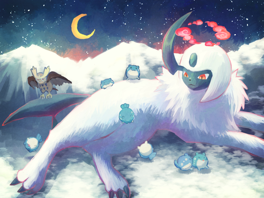 7_phi_3 absol animal_focus bird claws commentary crescent_moon dynamax forehead_jewel gen_2_pokemon gen_3_pokemon highres horns lying moon mountain night night_sky nintendo no_humans noctowl on_side owl pokemon pokemon_(creature) red_eyes single_horn sitting sky spheal star_(sky) symbol-only_commentary tail white_fur wings