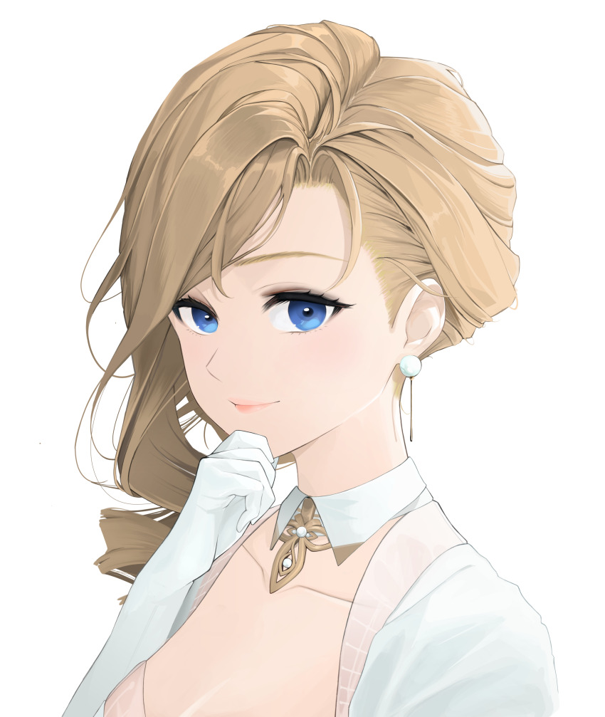 1girl absurdres asymmetrical_hair azur_lane blonde_hair blue_eyes commentary earrings english_commentary flower from_side gloves hair_over_shoulder hand_on_own_chin highres hood_(azur_lane) hood_(dawnlight&#039;s_dame)_(azur_lane) jewelry long_hair looking_at_viewer no_headwear official_alternate_costume pearl_earrings rose scarfpen01 simple_background solo upper_body white_background white_flower white_gloves white_rose