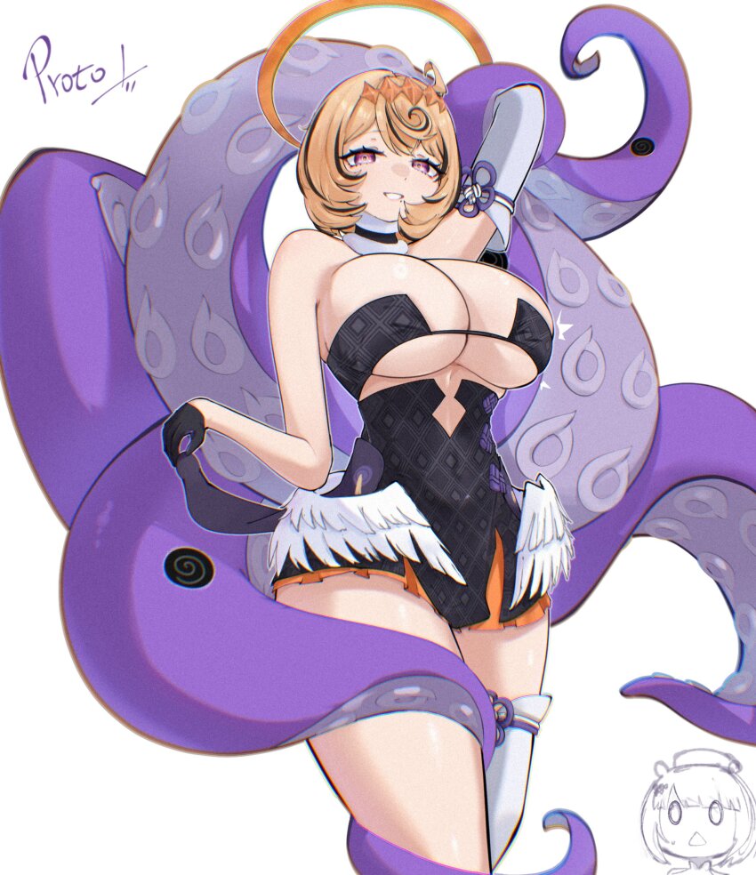2girls absurdres alternate_costume arm_up black_dress black_gloves breasts cleavage closed_mouth dress gloves highres hololive hololive_english large_breasts long_hair looking_at_viewer low_wings mole mole_under_mouth multicolored_hair multiple_girls ninomae_ina&#039;nis ninomae_ina&#039;nis_(1st_costume) p_protocoll purple_eyes short_hair single_sleeve single_thighhigh smile solo strapless strapless_dress streaked_hair tentacle_girl tentacles thighhighs tube_dress virtual_youtuber white_background white_sleeves white_thighhighs wings yidhari_murphy zenless_zone_zero