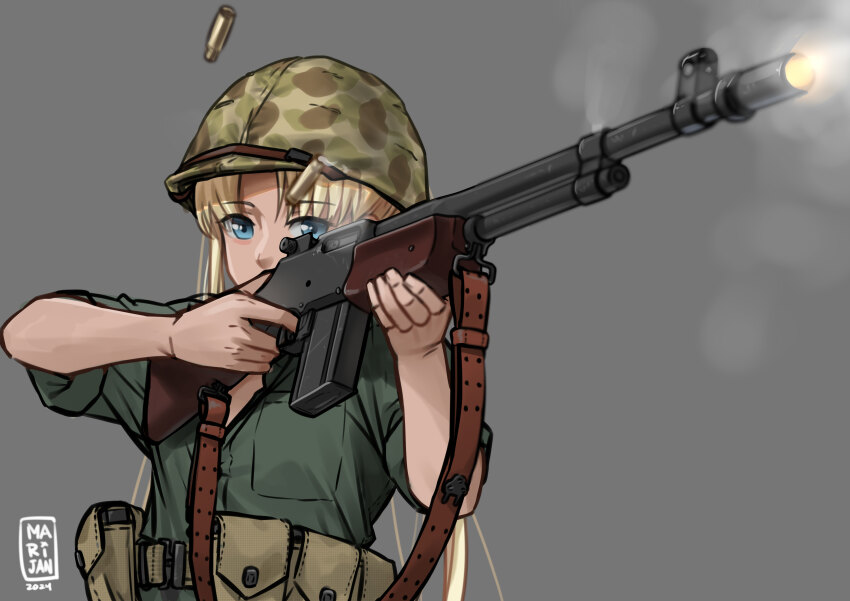 1girl absurdres ammunition_pouch artist_name blonde_hair blue_eyes combat_helmet expressionless firing green_shirt gun gunslinger_girl helmet highres light_machine_gun m1918_bar m1_helmet machine_gun mardjan military pouch shell_casing shirt smoke smoking_barrel solo triela united_states_marine_corps upper_body weapon world_war_ii