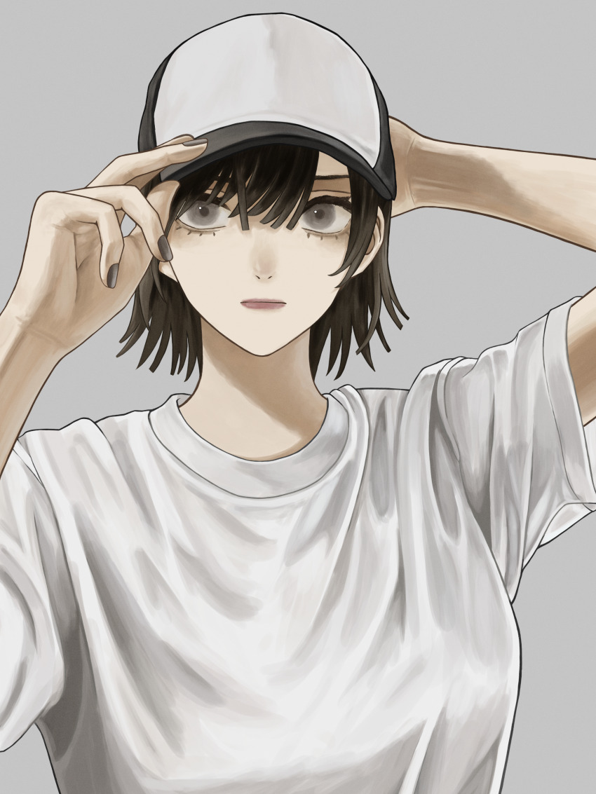 1girl absurdres adjusting_clothes adjusting_headwear asada_asahi black_hair black_hat breasts closed_mouth commentary eyelashes grey_background grey_eyes grey_nails hair_between_eyes hat highres lips looking_at_viewer medium_hair nose oiran original shirt short_sleeves simple_background small_breasts solo tomboy two-tone_hat upper_body white_hat white_shirt