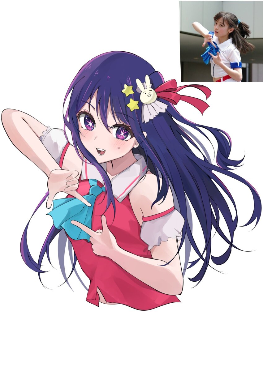 ascot blue_ascot blue_hair blush commentary cropped_torso finger_frame hair_ornament hashimoto_kanna highres hoshino_ai long_hair looking_at_viewer open_mouth oshi_no_ko purple_eyes rabbit_hair_ornament reference_inset simple_background star-shaped_pupils star_(symbol) star_hair_ornament sweat symbol-shaped_pupils upper_body waimoniku white_background
