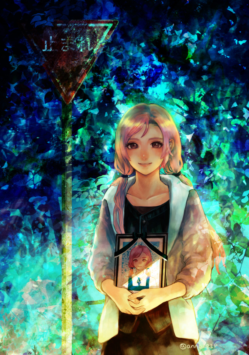 1girl brown_eyes commentary_request dappled_sunlight highres holding iei jacket leaf long_hair looking_at_viewer low_twintails open_clothes open_jacket original pink_hair road_sign sign smile solo sunlight twintails yunnemoto