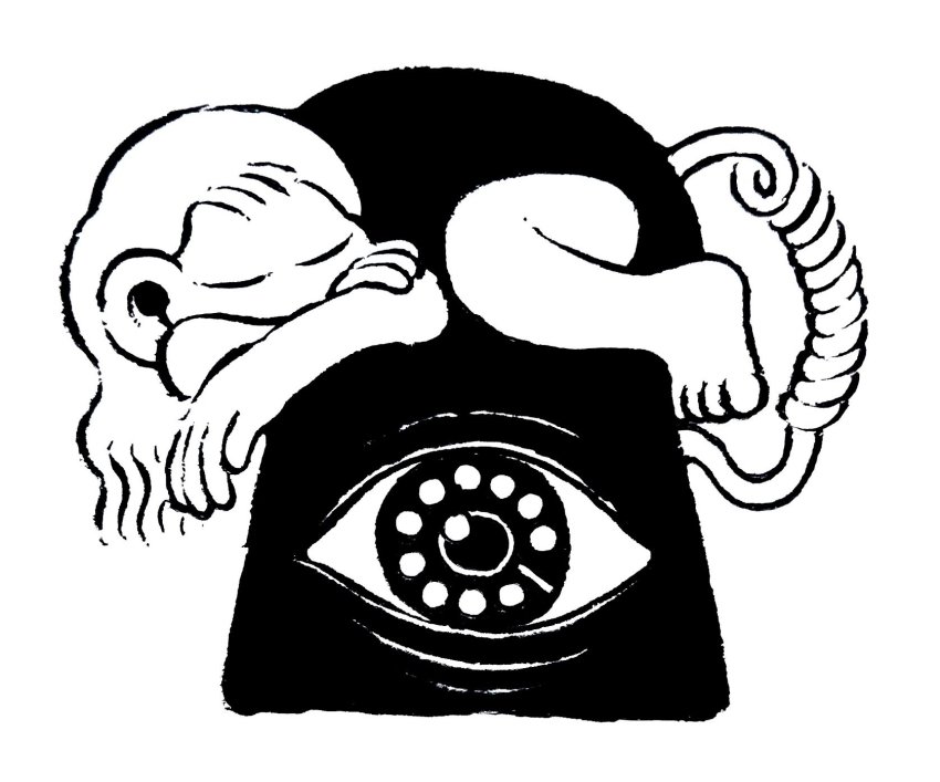 15ooo 1girl antique_phone barefoot closed_eyes corded_phone covered_mouth eye_focus female_focus greyscale highres long_hair looking_at_viewer monochrome original phone rotary_phone simple_background sleeping solo surreal white_background white_hair