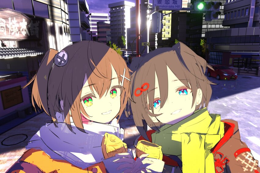 2girls blue_eyes brown_hair building city commentary_request denonbu food green_eyes grin gurumaruhana hair_between_eyes hidaka_reina_(denonbu) highres holding holding_food jacket looking_at_viewer multiple_girls ogami_matoi open_mouth orange_jacket outdoors scarf short_hair side_ponytail smile takoyaki upper_body white_scarf yellow_scarf