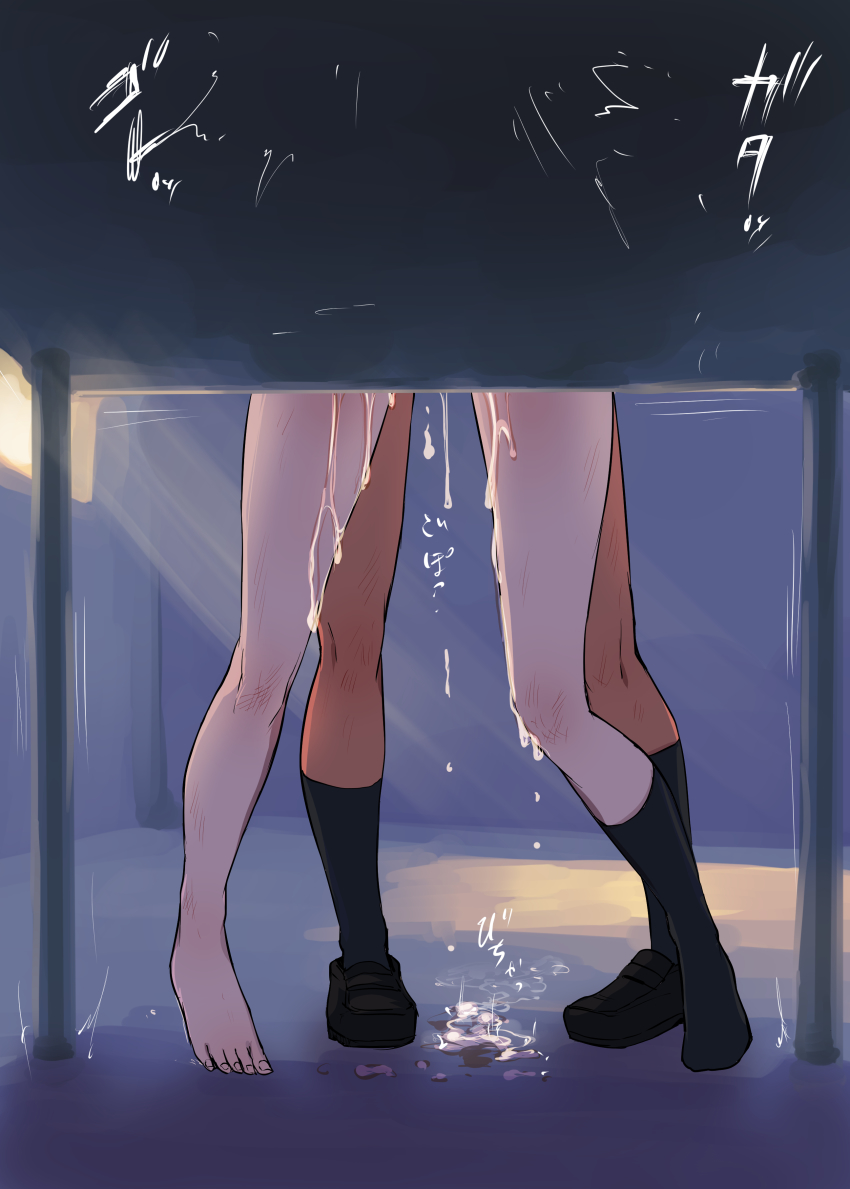 1futa 1girl absurdres andou_(girls_und_panzer) aomushi_(mushamusha) bruise cum cum_on_body cum_on_floor cum_on_legs cum_pool cumdrip dark-skinned_female dark_skin from_inside futa_with_female futanari girls_und_panzer head_out_of_frame highres implied_futanari implied_sex injury legs legs_apart lower_body obstructed_view oshida_(girls_und_panzer) pigeon-toed scraped_knee scratches sex sex_from_behind simple_background single_sock socks standing standing_sex tiptoes