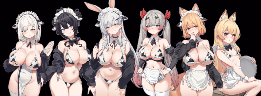 6+girls ahoge animal_ear_hairband animal_ears animal_print aningay apron apron_hold bare_shoulders bikini black_background black_bow black_bowtie black_choker black_hair black_jacket black_ribbon blonde_hair blue_eyes blush bow bowtie breasts brown_eyes choker cleavage closed_mouth collarbone colored_inner_hair commentary copyright_request cow_ears cow_horns cow_print cow_print_bikini cowboy_shot cropped_legs detached_collar detached_sleeves double_bun english_commentary fake_animal_ears fake_horns feet_out_of_frame fox_ears fox_girl fox_tail frilled_apron frilled_bikini frills front-tie_bikini_top front-tie_top gradient_hair grey_eyes grey_hair hair_bun hair_ornament hair_ribbon hairband hairclip hand_up head_tilt heart heart_ahoge highres holding holding_tray horns jacket large_breasts long_hair long_sleeves looking_at_viewer maid maid_bikini maid_headdress micro_bikini mole mole_on_breast multicolored_hair multiple_girls navel neck_ribbon off_shoulder open_clothes open_jacket open_mouth original parted_lips pink_hair print_bikini rabbit_ears red_eyes red_hair red_ribbon ribbon short_hair side-tie_bikini_bottom sidelocks simple_background sitting skindentation small_breasts smile string_bikini swimsuit tail thick_eyebrows thighhighs tray twintails two-tone_hair unconventional_maid very_long_hair waist_apron white_apron white_headdress white_mask white_ribbon white_thighhighs