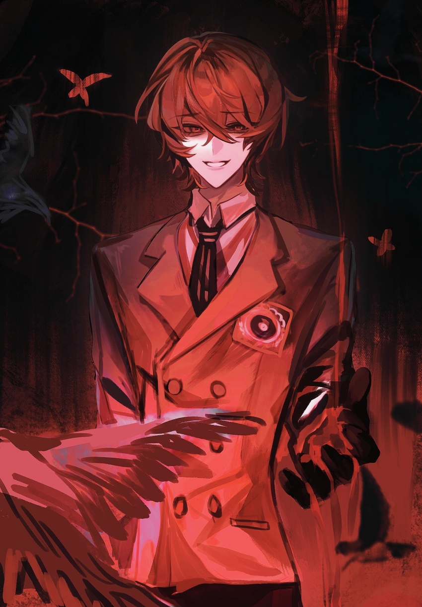 1boy akechi_gorou bird blood buttons chinese_commentary collared_shirt commentary_request cowboy_shot double-breasted gloves grin hair_between_eyes highres lapels looking_at_viewer male_focus monochrome moyu_shuang necktie notched_lapels persona persona_5 red_theme shirt short_hair smile solo striped_necktie