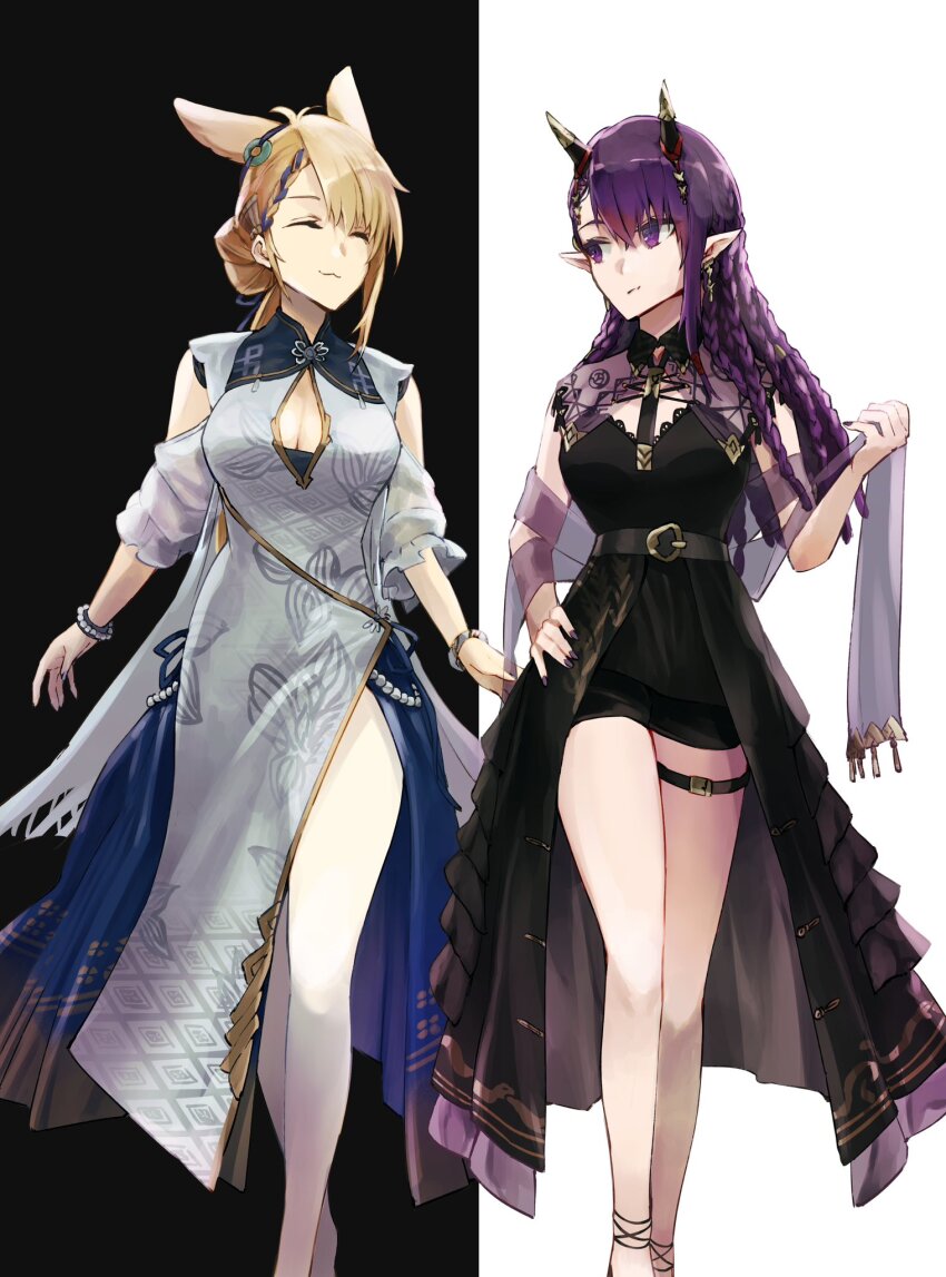 2girls animal_ears arknights black_bow black_dress bow braid breasts chinese_clothes closed_eyes commentary demon_girl demon_horns dress e-bushi feet_out_of_frame hair_up highres horns kroos_(arknights) kroos_the_keen_glint_(along_the_corridor)_(arknights) kroos_the_keen_glint_(arknights) large_breasts lava_(arknights) lava_the_purgatory_(arknights) lava_the_purgatory_(dusk_wisteria)_(arknights) looking_at_another multiple_girls official_alternate_costume pantyhose pointy_ears purple_eyes purple_hair rabbit_ears rabbit_girl side_slit smile symbol-only_commentary thigh_strap two-tone_background white_background white_dress white_pantyhose