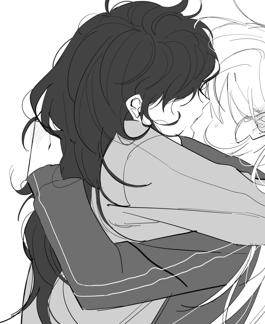 2girls asahina_mafuyu blush commentary ear_blush french_kiss greyscale hand_in_another&#039;s_hair highres hug jacket kiss long_hair long_sleeves monochrome multiple_girls project_sekai shin_he9 sweat symbol-only_commentary track_jacket yoisaki_kanade yuri