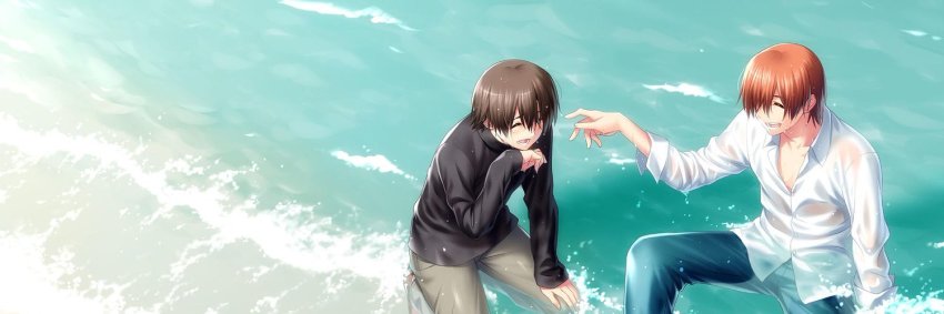 2boys beach black_sweater brown_hair day hand_on_own_chin kneeling laughing little_busters! long_sleeves male_focus multiple_boys naoe_riki natsume_kyousuke ocean outdoors sand shirt shore sitting smile sweater turtleneck turtleneck_sweater water wet wet_clothes wet_hair wet_shirt white_shirt zen
