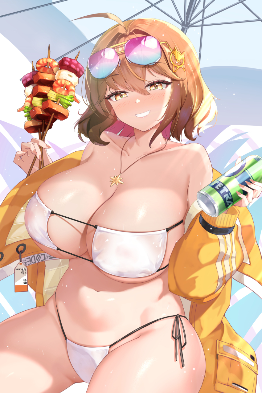 1girl absurdres ahoge anis_(nikke) anis_(sparkling_summer)_(nikke) aviator_sunglasses bare_shoulders bikini blush breasts brown_eyes brown_hair can cleavage clip_studio_paint_(medium) collarbone cowboy_shot drink drink_can eyepatch_bikini eyewear_on_head food goddess_of_victory:_nikke grin highres holding holding_can holding_drink holding_food huge_breasts jacket jewelry long_sleeves looking_at_viewer navel necklace off_shoulder official_alternate_costume open_clothes open_jacket side-tie_bikini_bottom skewer smile soda_can solo star_(symbol) star_necklace sunglasses swimsuit thighs umbrella white_bikini yellow_jacket yuruto