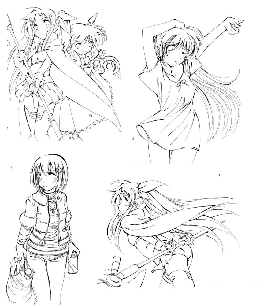 3girls arms_up bad_anatomy bardiche_(axe_form)_(nanoha) bardiche_(nanoha) bent_over fate_testarossa fate_testarossa_(movie_1st_form) greyscale highres jason_(kaiten_kussaku_kikou) long_hair lyrical_nanoha mahou_shoujo_lyrical_nanoha mahou_shoujo_lyrical_nanoha_a&#039;s monochrome multiple_girls one_eye_closed raising_heart raising_heart_(device_mode)_(1st) schwertkreuz schwertkreuz_(standby_form) short_hair simple_background smile takamachi_nanoha takamachi_nanoha_(movie_1st_mode) white_background wink yagami_hayate