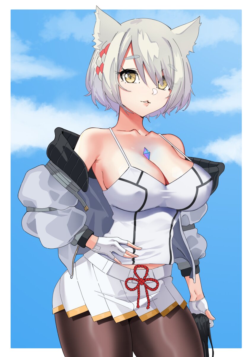 1girl absurdres animal_ears bare_shoulders black_pantyhose blue_background border breasts cat_ears cat_girl cleavage covered_erect_nipples cowboy_shot fingerless_gloves gloves grey_jacket highres i_am_anddo jacket large_breasts mio_(xenoblade) off_shoulder open_clothes open_jacket pantyhose solo tank_top white_border white_gloves white_tank_top xenoblade_chronicles_(series) xenoblade_chronicles_3