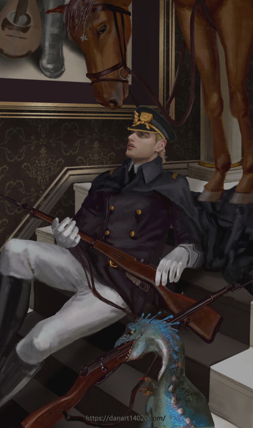 1boy bayonet blonde_hair boots cape danart14020 diego_brando dinosaur gloves gun hat highres horse indoors jojo_no_kimyou_na_bouken long_hair long_sleeves male_focus military military_hat military_uniform official_alternate_costume parted_lips realistic scary_monsters_(stand) silver_bullet_(jojo) stairs stand_(jojo) steel_ball_run weapon