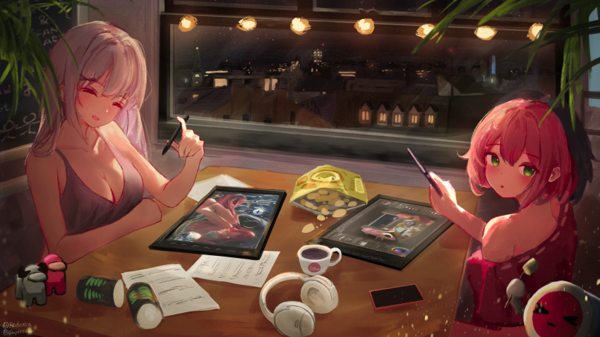 &gt;_&lt; 2girls :d :o ^_^ alisa_(osu!) among_us artist_collaboration artist_self-reference bare_shoulders black_hair blush bob_cut breasts camisole cellphone chips_(food) cleavage closed_eyes coffee collarbone colored_bangs commentary contest_winner crewmate_(among_us) cup double-parted_bangs drawing_tablet english_commentary eris_greyrat food grey_(among_us) grey_camisole head_tilt headphones highres holding holding_stylus indoors large_breasts long_hair looking_at_viewer medium_breasts monster_energy multicolored_hair multiple_girls mushoku_tensei night open_mouth osu! osu!_username paper parted_lips phone pink_(among_us) pink_hair pink_shirt pippi_(osu!) potato_chips recursion redcxca second-party_source shirt short_hair short_sleeves single_bare_shoulder single_off_shoulder sitting smartphone smile stylus superssun table taiko_no_tatsujin two-tone_hair wada_don white_hair white_headphones