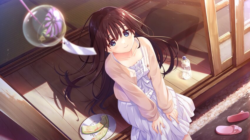 1girl black_hair blue_eyes breasts commentary_request courreges_ace dress ecchi_de_ichizuna_do_inaka_nii-sama_to_koshiki_yukashii_byoujaku_imouto highres long_hair official_art sitting small_breasts smile solo sunlight twilight veranda wind_chime