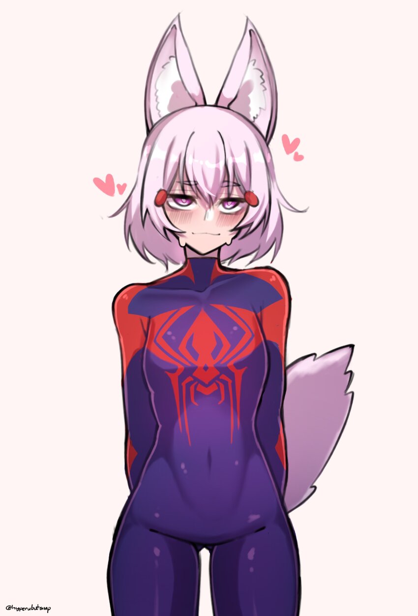 1girl absurdres animal_ear_fluff animal_ears blue_bodysuit blush bodysuit breasts cosplay fox_ears fox_girl fox_tail gluteal_fold hair_between_eyes heart highres hyperubutsimp looking_at_viewer loving_aura navel open_mouth phase_connect print_bodysuit purple_eyes red_bodysuit simple_background solo spider-man_(2099) spider-man_(2099)_(cosplay) tail tenma_maemi thigh_gap two-tone_bodysuit virtual_youtuber white_hair
