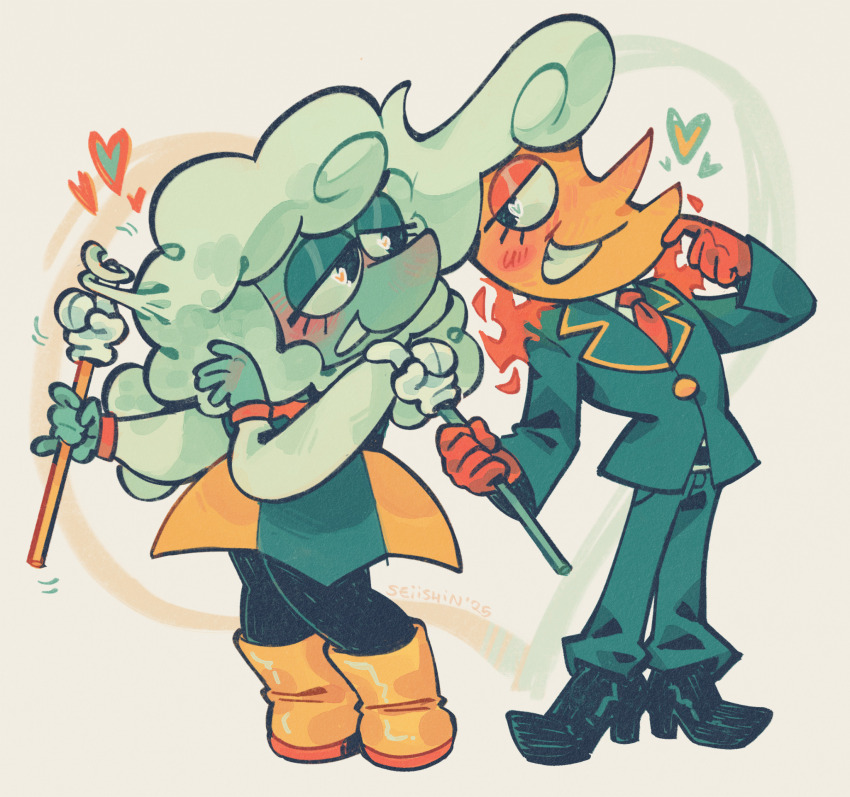 1boy 1girl artist_name black_shoes blue_skin blush boots colored_skin commentary couple deltarune elnina_(deltarune) english_commentary eye_contact gloves heart highres holding holding_pointer lanino_(deltarune) looking_at_another necktie pointer red_gloves red_necktie seiishin shoes simple_background smile twirling_hair two-tone_skirt white_hair yellow_boots yellow_skin