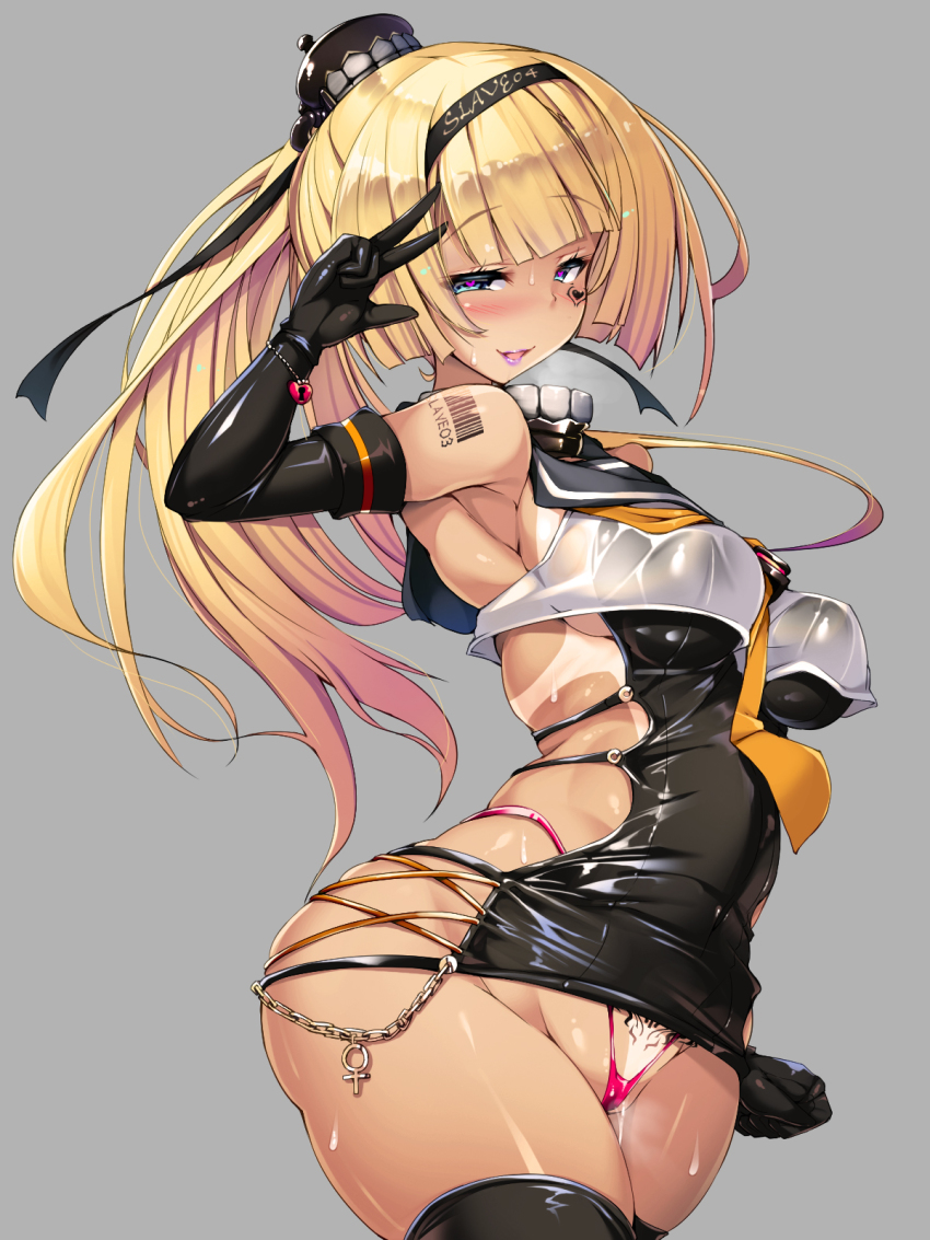 1girl akizuki_(kancolle) ass barcode barcode_tattoo bare_shoulders blonde_hair blue_eyes blush bodycon breasts dress elbow_gloves female_focus gloves hairband heart heart-shaped_pupils heart_lock heart_tattoo highres hip_vent kantai_collection large_breasts latex lipstick long_hair looking_at_viewer makeup microdress minidress open_mouth panties pubic_tattoo pussy_juice pussy_juice_drip pussy_juice_drip_through_clothes red_panties revealing_clothes shiny_clothes shiny_skin sideboob skindentation smile solo sweat symbol-shaped_pupils tan tanline tattoo thighhighs thong torisan underwear v w wet wet_clothes wet_panties whale_tail_(clothing) wide_hips